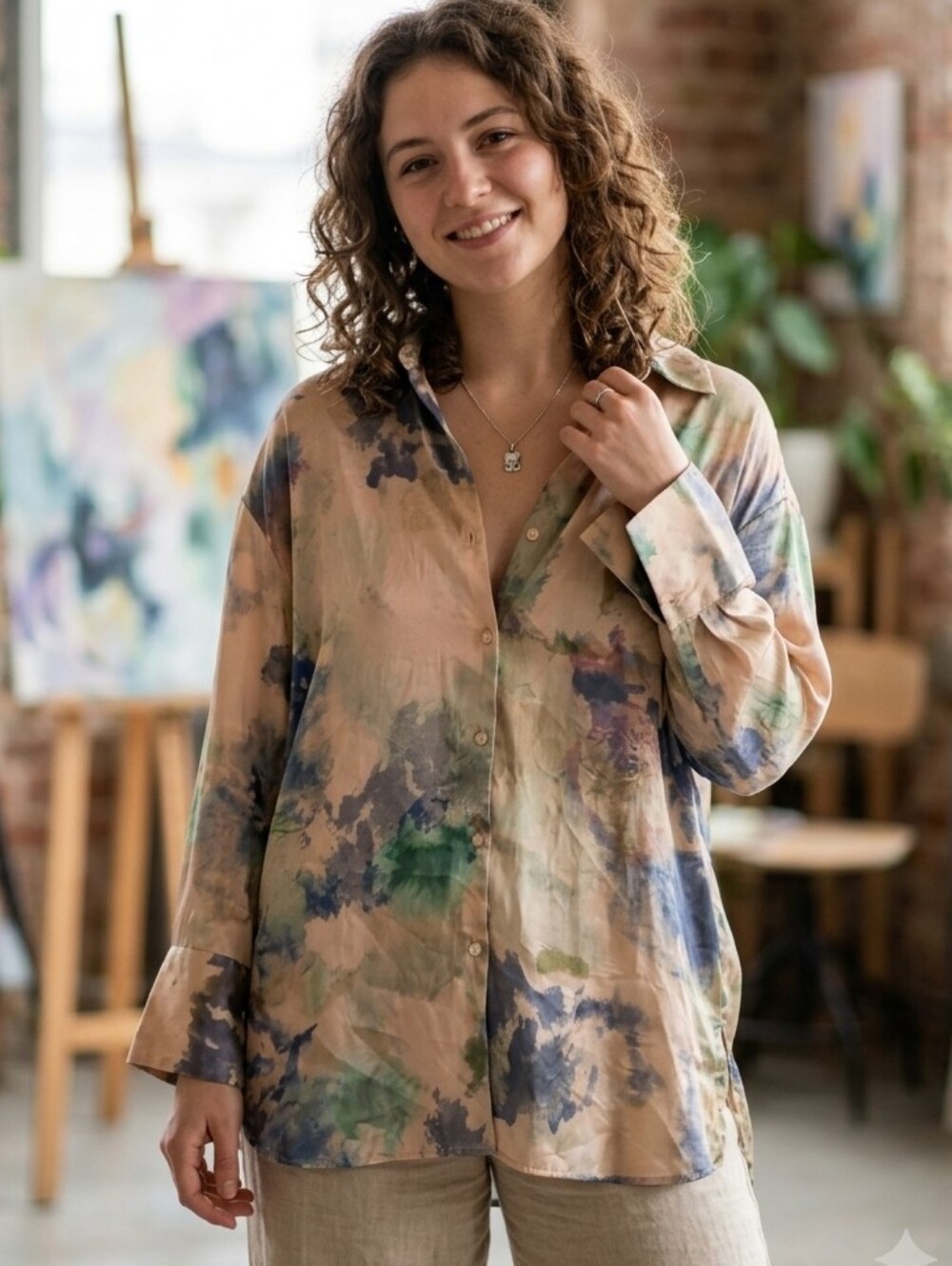 Zara‎ Oversize Flowy Artsy Button Down Blouse Womens Size XS Boho Office Career
